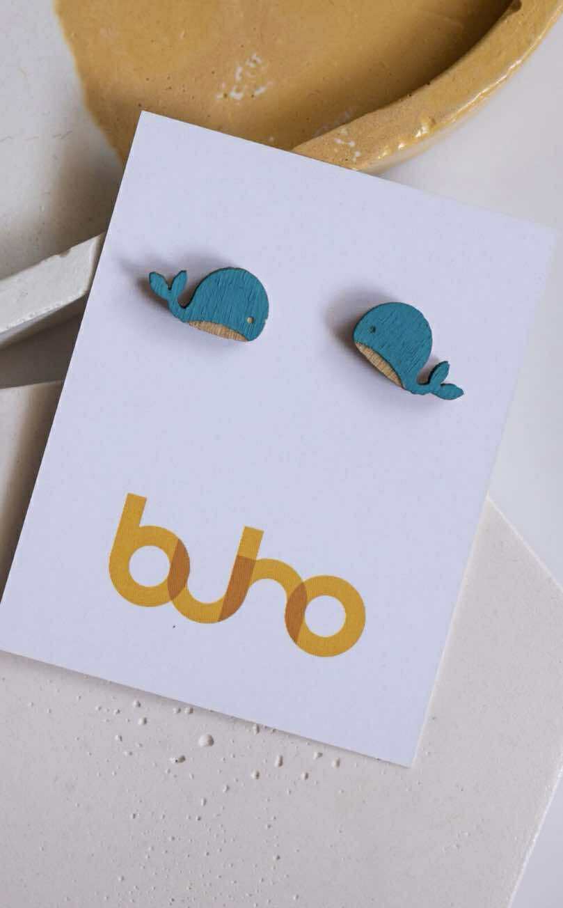 Blue Whale - Wooden Stud Earrings